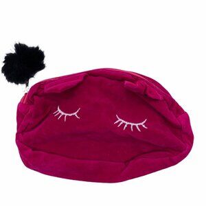 Pink‎ Velvet Cosmetic Pouch With Embroidered Eyelash Design & Fluffy Pom Pom
